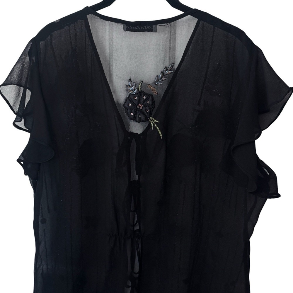 Y2K Molato Black Sheer Floral Sequin Tiefront Cardigan Whimsical Ethereal XL/XXL - Picture 8 of 12